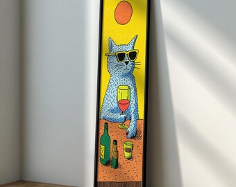 Cat with Wine Long Narrow Art Print : Retro Bar Cart Decor