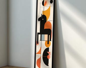 Impresión artística de caballo geométrico: decoración de pared estrecha y alargada de mediados de siglo