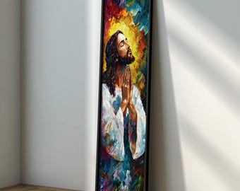 Abstrakte Jesus Wandkunst, lange schmale christliche Leinwand, bunte religiöse Malerei, Glaube Wohnkultur, moderne gerahmte Wandkunst