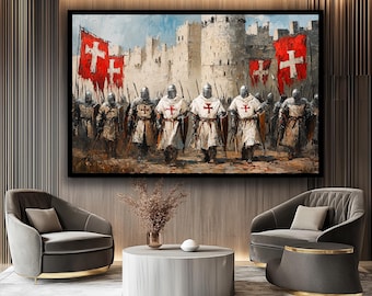 May include: A framed painting depicts medieval knights marching towards a castle. The knights wear white tunics with red crosses and helmets. Red flags with white crosses fly above them. The artwork is displayed in a modern living room setting.