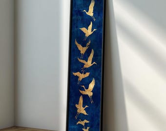 Japanese Crane Wall Art : Gold Cranes on Blue, Long Narrow Vertical Canvas Art