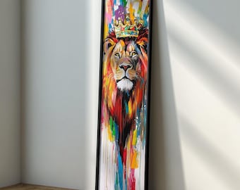 Large Lion Wall Art, King of Jungle Canvas Print, Colorful Crowned Lion Artwork, Modern Abstract Animal Decor, Extra Large Vertical Canvas