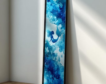 Mermaid Long Narrow Wall Art : Blue Ocean Print, Underwater Fantasy Art, Coastal Bathroom Decor