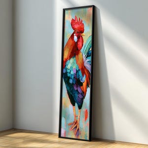 Stampa lunga e stretta di un gallo da fattoria: quadro su tela con gallo rustico
