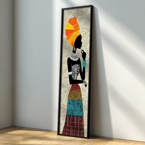 African Woman Long Narrow Framed Wall Art: Tribal Black Woman Vertical Canvas Print