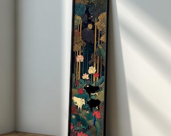 Arte de pared largo y estrecho de Pichwai indio: pintura de pavo real, vaca y loto