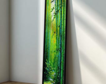 May include: A vertical framed painting of a bamboo forest. The artwork features vibrant green bamboo stalks with yellow and green foliage, set against a bright, sunlit background. The frame is black.