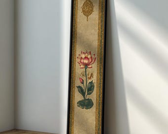 Arte mural de loto largo y estrecho, pintura floral asiática, elegante lienzo vertical, decoración botánica zen