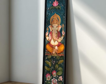 Arte de pared largo y estrecho de Ganesha: decoración de dios hindú indio, pintura de loto de Ganesha