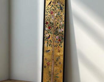 Golden Tree of Life Long Narrow Wall Art : Nature Painting, Elegant Bird and Floral Canvas, Luxury Gold Leaf Tree Artwork, Botanical Decor