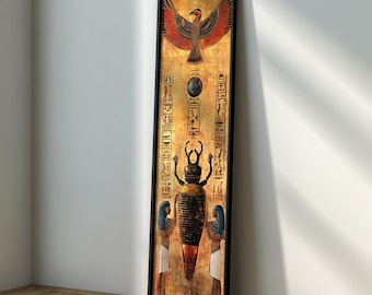 Ancient Egyptian Long Narrow Wall Art, Egypt Gods Decor, Scarab Art, Framed Artwork