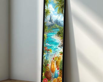 Tropischer Cocktail-Strand-lange schmale Wand-Kunst: Küstensommer-Palmen-Druck