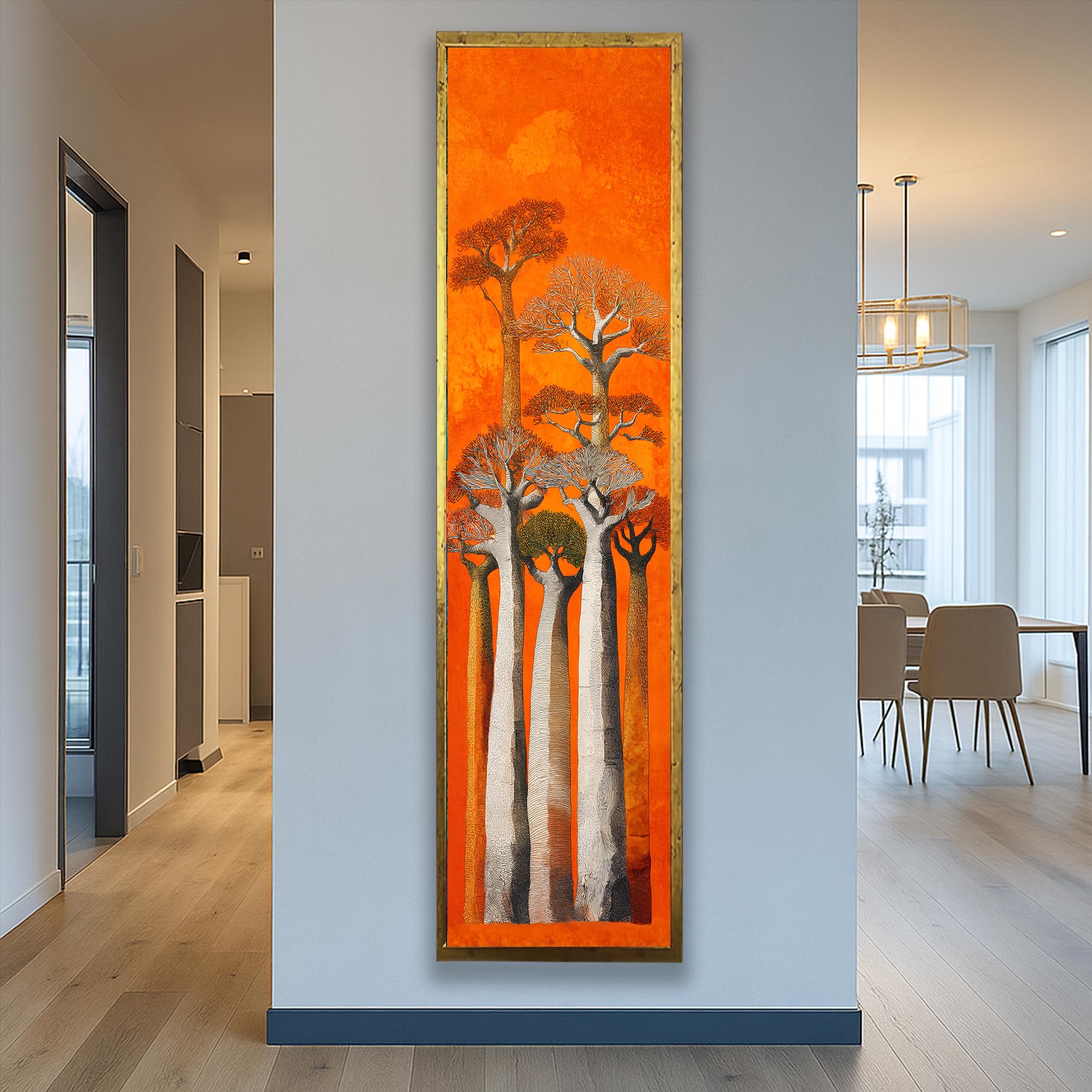 バオバブの木の絵画、細長い壁アート、アフリカの抽象的な自然の