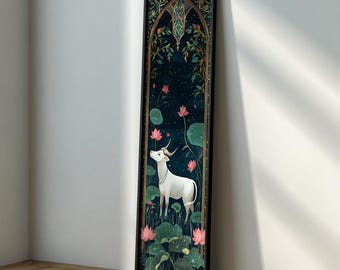 Arte de pared largo y estrecho de Pichwai indio: pintura de loto de vaca sagrada, decoración de dioses hindúes