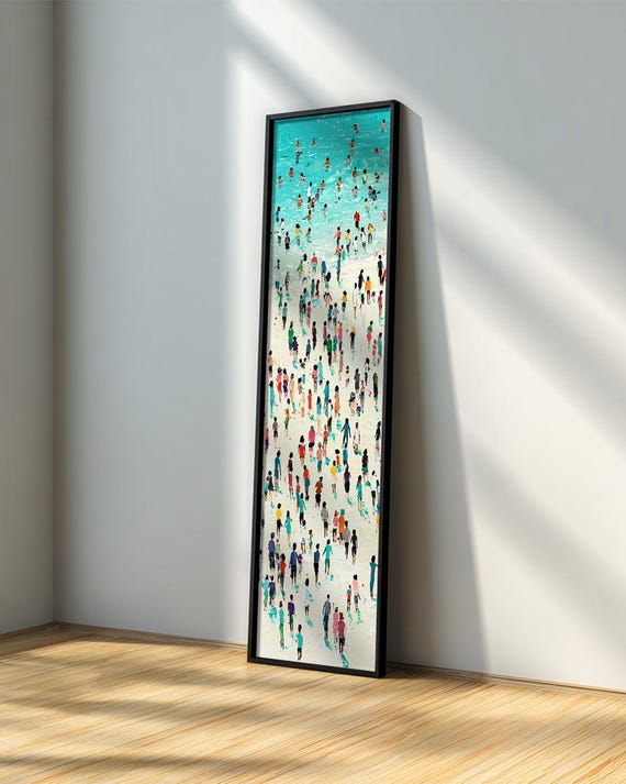 Long Narrow Beachy Wall Art : Vertical Coastal Canvas Print, Aerial Ocean People Painting, Modern Wall Decor for Living Room, Gift for Home