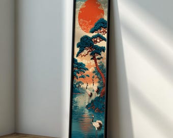 Japandi Red Sun Crane Wall Art : Long Narrow Minimalist Zen