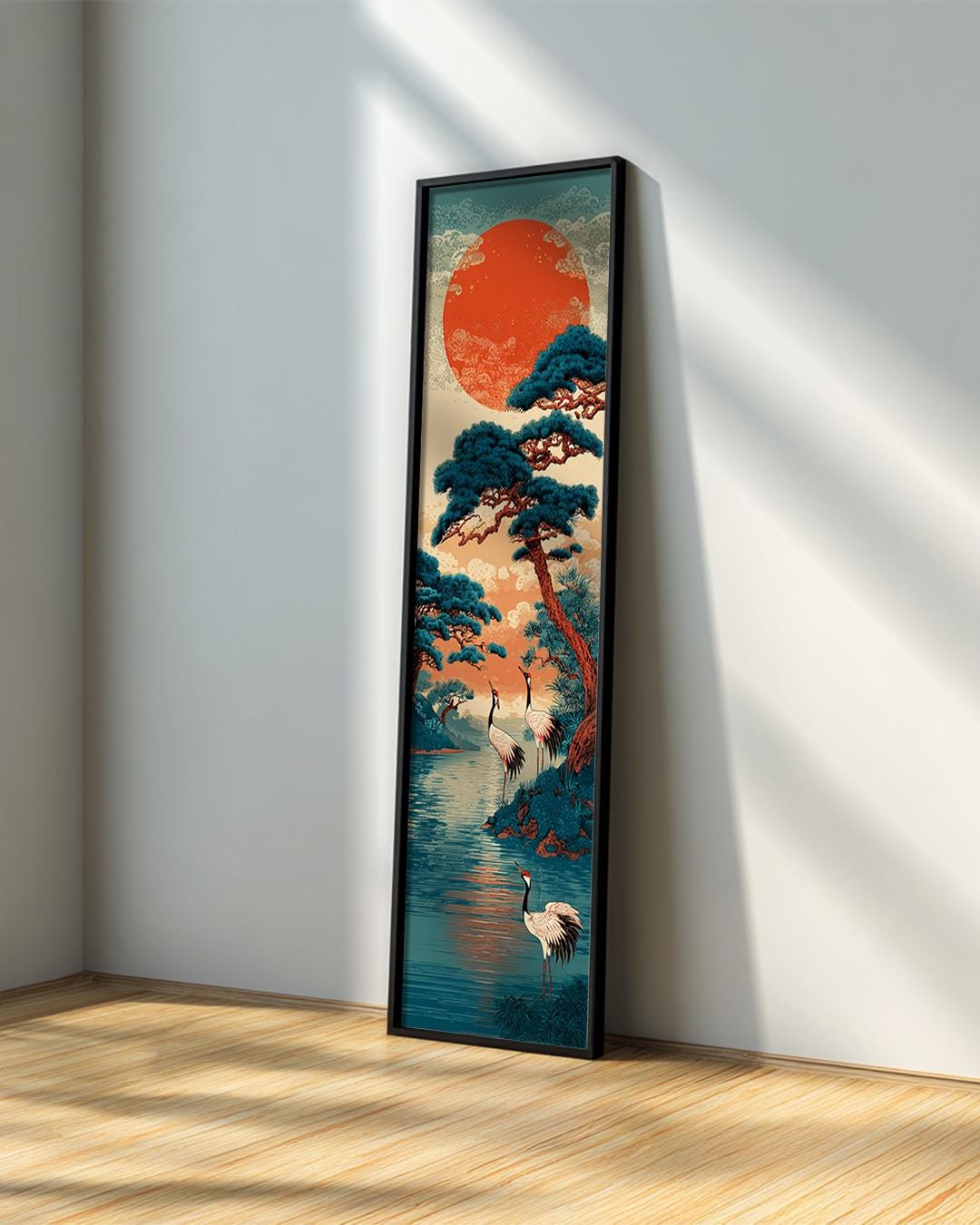 WALLPAPER AND THE ARTIST 壁紙とアーティスト（英語版） Japandi Red Sun Crane Wall Art : Long Narrow Minimalist Zen