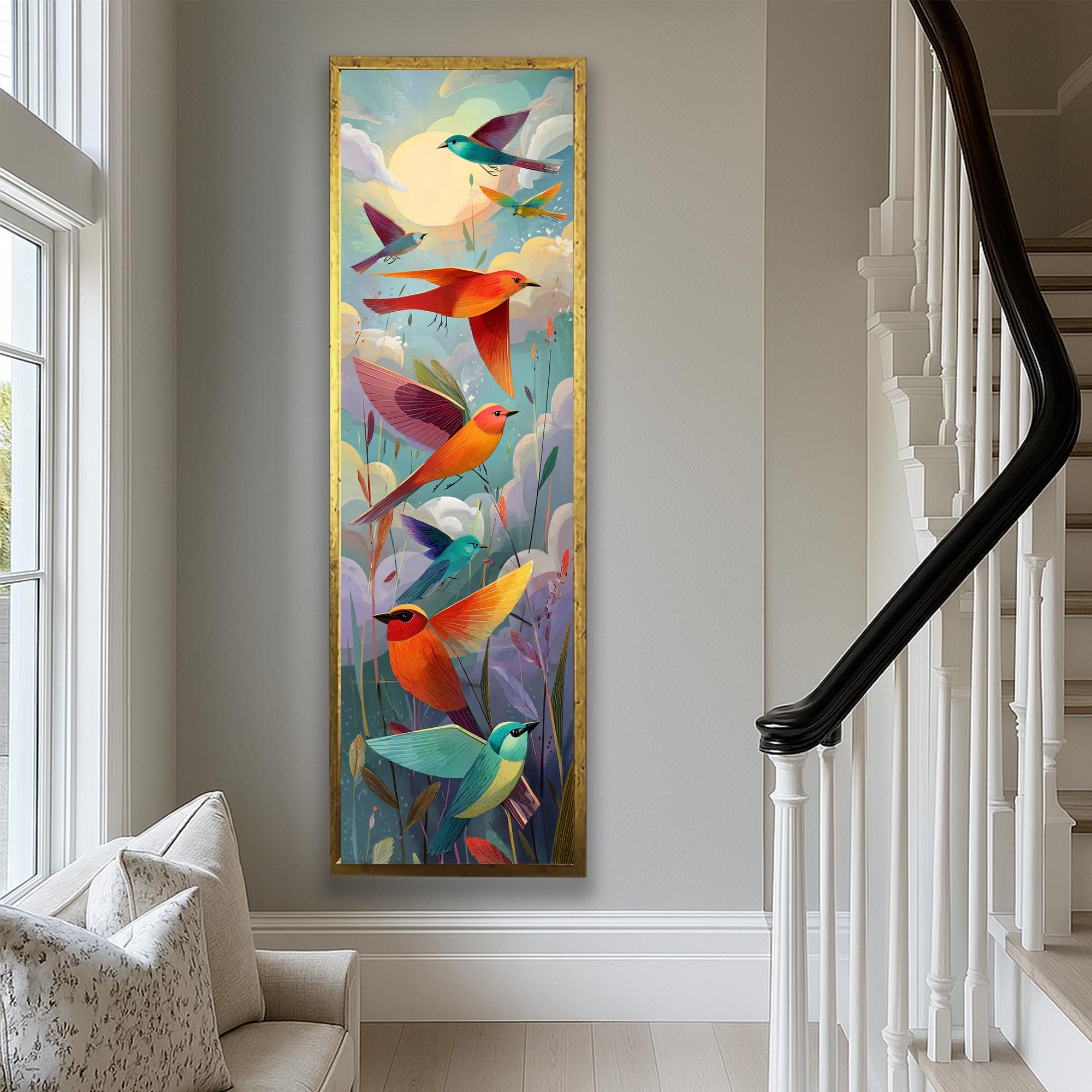 Colorful Birds Long Narrow Wall Art : Whimsical Nature Art, Modern