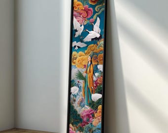 May include: A framed vertical art print featuring a serene scene with white cranes soaring against a backdrop of vibrant clouds in shades of yellow, pink, and blue. A figure in traditional attire stands amidst flowers and more cranes.