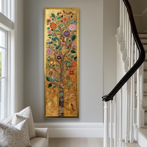 Klimt Livets träd väggkonst: Lång smal gyllene träd canvas