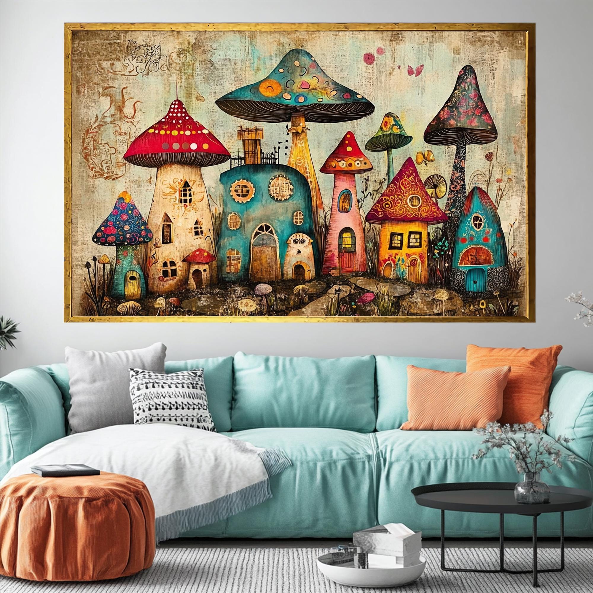 Mushroom Village Canvas Print, Fairy Tale Home Decor, Framed Wall