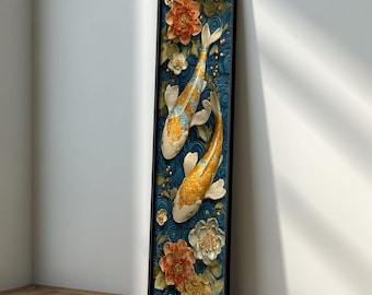 Arte de pared largo y estrecho con peces koi: lienzo de loto Feng Shui, decoración zen con marco vertical