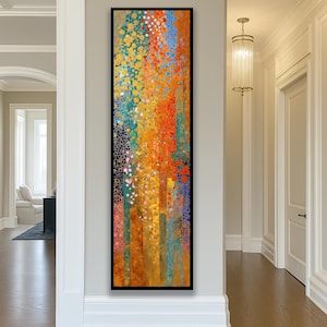 May include: Abstract vertical wall art with a black frame. The artwork features a vibrant mix of colors, including orange, yellow, blue, and green, with a textured, layered effect. The design incorporates circular and linear patterns.