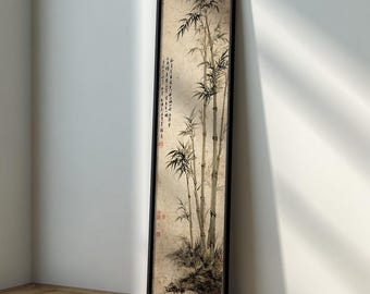 Japanse bamboe lange smalle muurkunst: zen sumi-e schilderij, Aziatische minimalistische verticale print