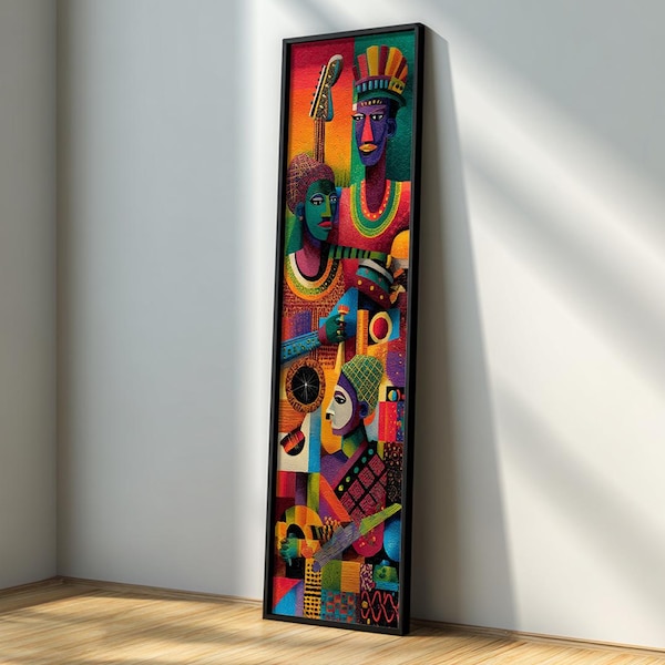 African Music Wall Art, Long Narrow Canvas Print, Colorful Tribal Wall Decor, Modern Abstract Ethnic Art, Framed Vertical Canvas