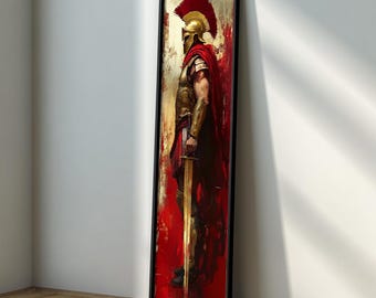 May include: A framed vertical artwork depicts a Spartan warrior in profile. The warrior wears a gold helmet with a red plume, a red cape, and gold armor. The background is a blend of red and gold hues, with a black frame.