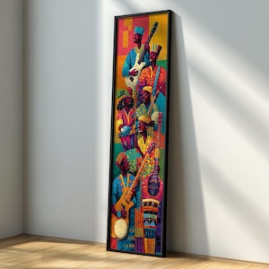 May include: A framed vertical art print depicting a band of musicians. The artwork features a vibrant color palette of blues, yellows, reds, and greens. The musicians are playing various instruments, including guitars and drums. The frame is black.