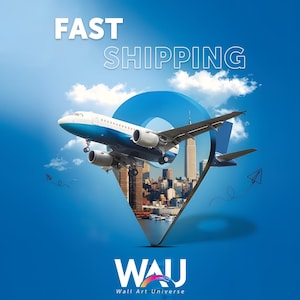 May include: A blue and white airplane flies over a cityscape, with the words "FAST SHIPPING" in white at the top. The image includes a blue location pin graphic and the "WAU Wall Art Universe" logo at the bottom.