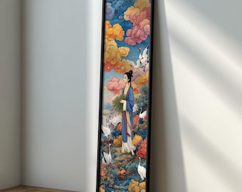 May include: A framed vertical art print featuring a woman in traditional Asian attire amidst a vibrant landscape. The artwork showcases a woman in a blue robe, surrounded by white cranes, colorful flowers, and a backdrop of fluffy clouds in shades of pink, yellow, and blue.