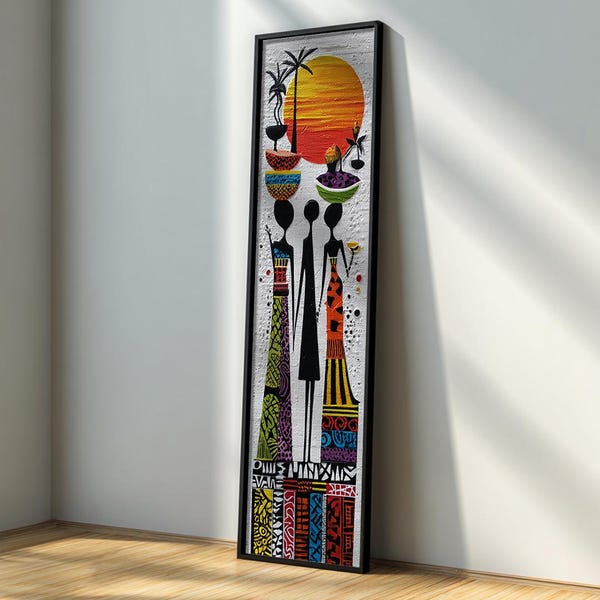 African Folk Wall Art : Long Narrow Canvas Wall Art, Tribal Vertical Framed Art