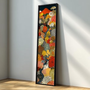 Puede incluir: Una impresión artística vertical enmarcada que presenta un paisaje colorido con una montaña, árboles y un río. La obra de arte utiliza una variedad de colores, incluyendo rojo, naranja, amarillo, verde y azul. El marco es negro.