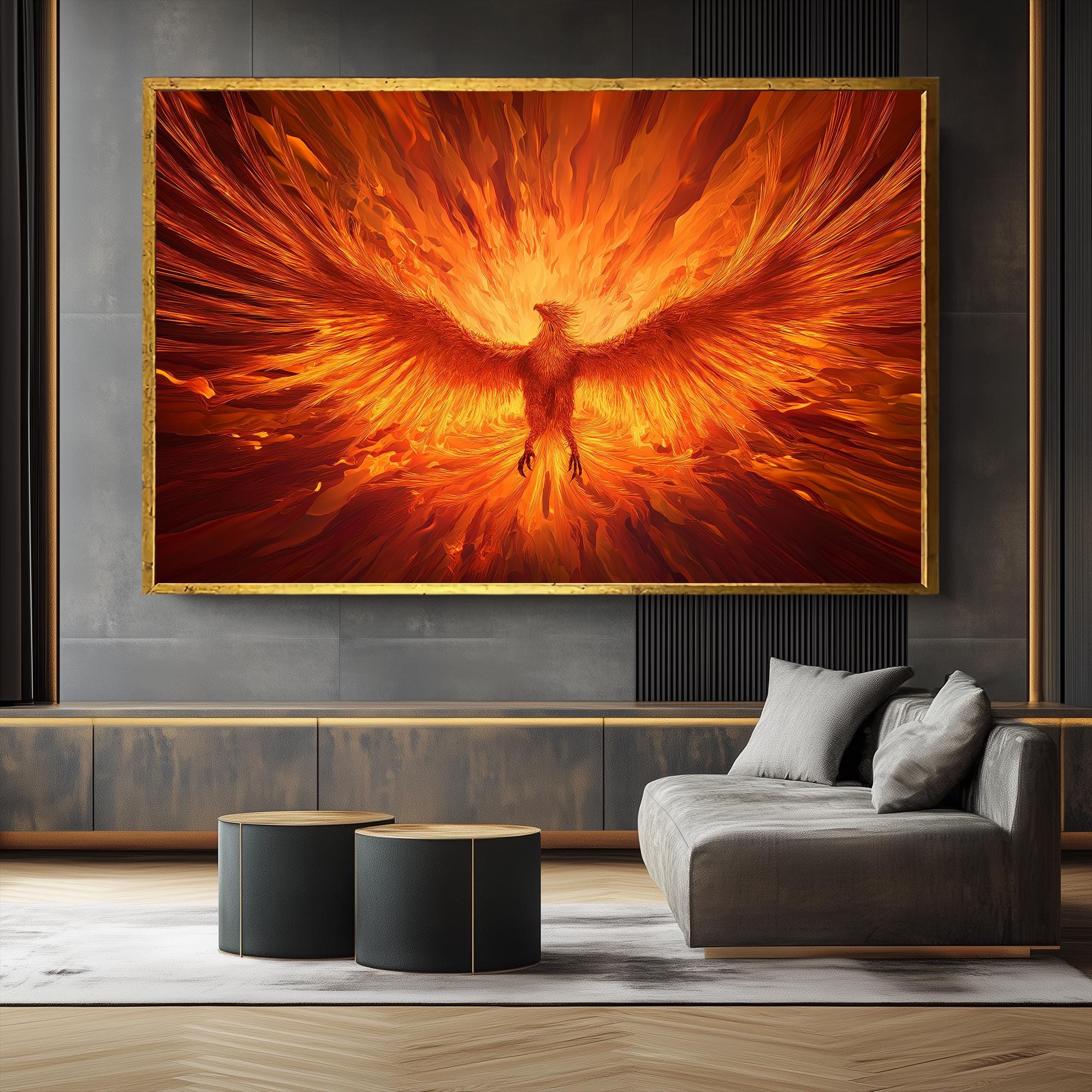 Horizontal Phoenix Framed Canvas Wall Art : Mythological Creatures