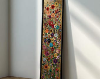 Arte floral alto y delgado de Klimt: arte de pared dorado, largo y estrecho, impresión enmarcada en lienzo