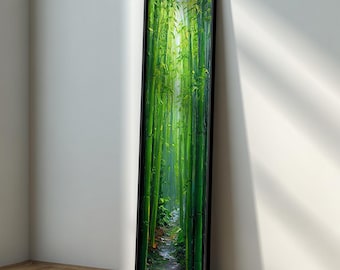 Puede incluir: Obra de arte vertical enmarcada que representa un bosque de bambú. La pintura presenta tallos de bambú verde vibrante con un camino en el centro. La obra está enmarcada en negro, apoyada contra una pared blanca y un suelo de madera.