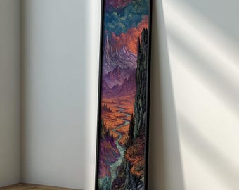 May include: A framed landscape art print featuring a vibrant mountain scene. The artwork depicts a river winding through a valley, with colorful mountains and a dramatic sky. The frame is black, and the overall aesthetic is fantasy-inspired.