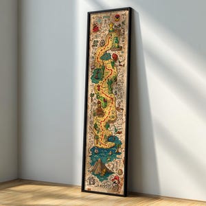 May include: A framed, vertical map illustration with a black border. The map features a winding path marked with red dots, leading through various illustrated landscapes. The color palette includes beige, green, blue, and red, creating a whimsical, adventurous feel.
