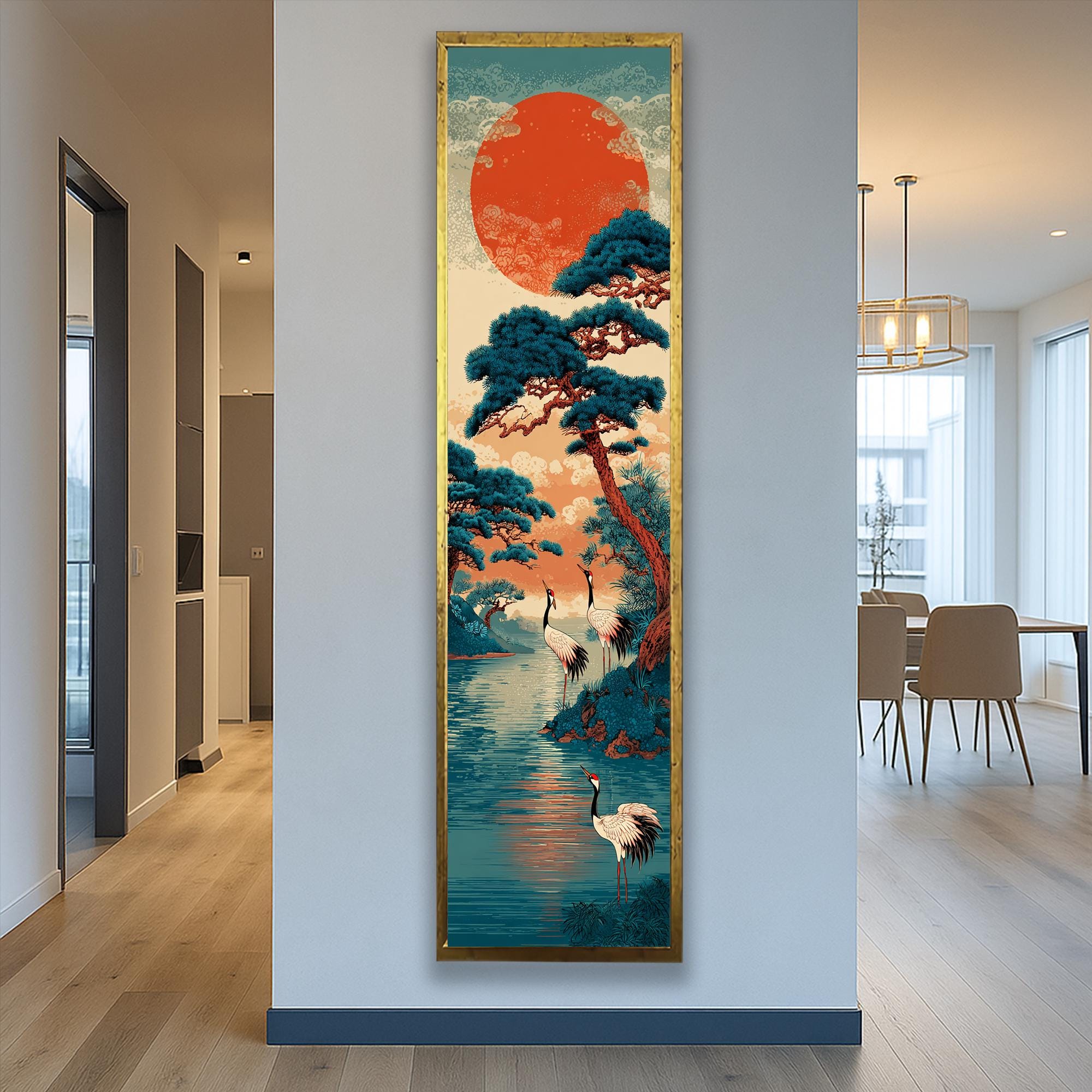Japandi Red Sun Crane Wall Art : Long Narrow Minimalist Zen