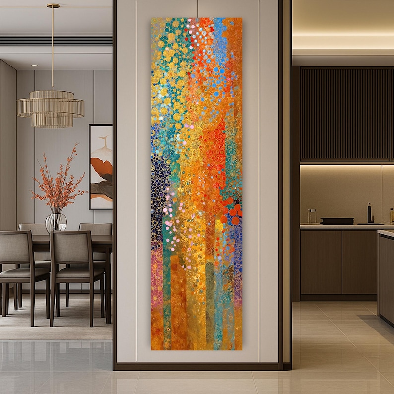 May include: Vertical abstract art piece with a vibrant mix of colors. The artwork features a blend of orange, yellow, blue, and green hues, with a textured appearance. The design incorporates circular and vertical elements, creating a dynamic visual effect. This piece is suitable for home decor.