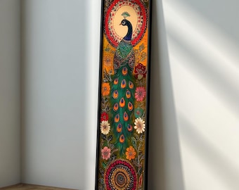 Cuadro de pavo real largo y estrecho para pared: Arte mural indio, lámina de pavo real, arte de dioses indios