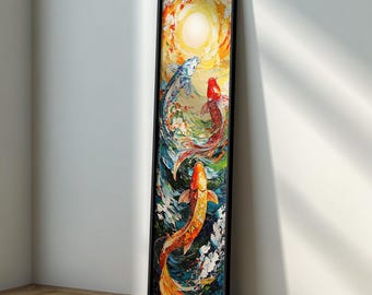 Lienzo con peces koi: pintura Feng Shui larga y estrecha, decoración zen