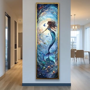 May include: A framed painting of a mermaid in a swirling underwater scene. The mermaid has long brown hair, a blue top, and a turquoise tail. The artwork features a gold frame and a vibrant color palette of blues, greens, and yellows.