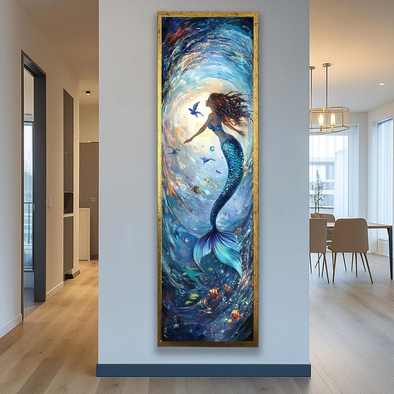 May include: A framed painting of a mermaid in a swirling underwater scene. The mermaid has long brown hair, a blue top, and a turquoise tail. The artwork features a gold frame and a vibrant color palette of blues, greens, and yellows.