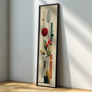 Può includere: Una stampa artistica astratta incorniciata con un design botanico. Presenta un cerchio rosso, foglie verdi e una foglia nera. L'opera d'arte include forme geometriche ed è ambientata su uno sfondo beige. La cornice è nera.