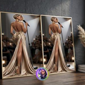 Peut inclure: Une impression d'art mural encadrée représentant l'illustration numérique d'une personne sur scène, vêtue d'une robe dorée à paillettes dos nu avec une fente haute, tenant un microphone. L'œuvre est présentée dans un cadre doré, capturant une scène glamour avec des éclairages de scène et un public flou en arrière-plan.
