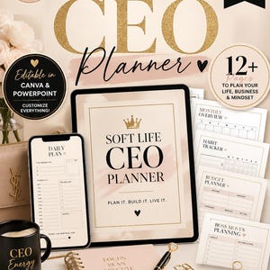 May include: Digital planner with the text "Soft Life CEO Planner" and "Plan It. Build It. Live It." Includes a phone, mug, and notebook. Features include monthly overview, habit tracker, and budget planner. Designed for goal getters and boss women.
