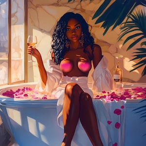 May include: An illustration of a person in a white robe, sitting in a bathtub filled with pink rose petals. The person is holding a glass of wine. A bottle of perfume sits on the edge of the tub.